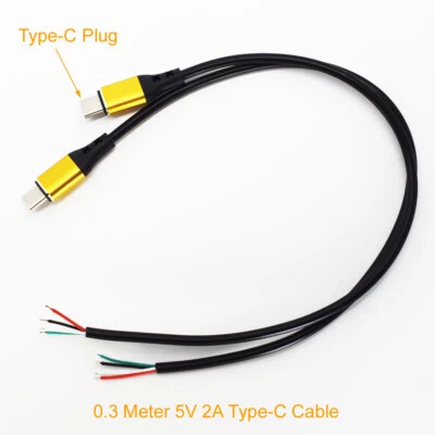 1pc 30cm Aluminium Gold USB Type-C Male Plug 4 Wires Power Pigtail Cable 2A DIY