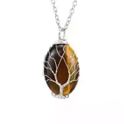 Natural Stone Tree of Life Oval Shaped Tigers Eye Pendant on 18in Chain