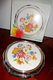 Vintage Wm A Rogers Ceramic Posey Silverplate Trivet 7" For Hot & Cold Japan New