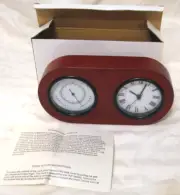 New MCM looking Quartz Desk Clock & Barometer Wooden Case Battery Operated