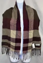 Geoffrey Beene Made in Italy Acrylic Brown Scarf Plaid Fringed