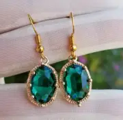 14k Gold Oval Australian Crystal Emerald Dangle Earrings, Gold Earrings