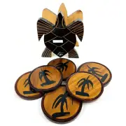 Wooden Coaster Gift Set 6 Brown Black Plus Turtle Design Holder Fiji Souvenir