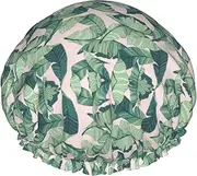 Green Palm Tree Leaves Pink Print Various Activities Shower Cap Reusable Soft And Lightweight Bath Hair Cap Long Hair