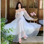 Long-Sleeve Off Shoulder Plain Frill Shirred Maxi A-Line Dress White - XL