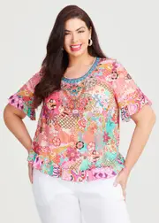 [TS] Taking Shape Salsa Ruffle Natural Top Size 10 in Print, Viscose - Plus Size Women's Clothing Print