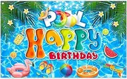 Luminora 72 x 43 Inch Pool Party Backdrop Summer Hawaiian Swimming Balls Tropical Palm Tree Backdrop Happy Birthday Decorations for Kids Photo Booth Banner