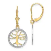 14K Yellow Gold White Rhodium Tree of Life Round Frame Drop & Dangle Earrings