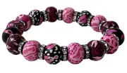 Pink Ribbon Stretch Hand Rolled Clay Bead Bracelet w/Crystals SZ XL (50% Off)