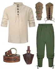 KFVZIU Medieval Costume Men Adult Renaissance Costume Set Viking Pirate Shirt Ankle Banded Pants with Arm Guard Belt Pouch