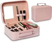 Travel Makeup Case with Mirror - Partitionable Cosmetic Makeup Train Case PU Shell Portable Storage for Women Cosmetics/Makeup Brushes/Toiletries and Accessories Pink