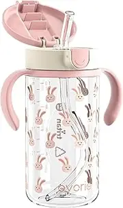 Evorie Tritan Spill Proof Toddler Straw Sippy Cup, 10 oz for Baby and Toddlers 1-3 Years Old, No Spill Straw Water Bottle with Removable Handles, Ideal for School, BPA-Free, Pink Rabbit