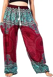[Lofbaz] Women's Peacock Floral Drawstring Boho Yoga Harem Pants