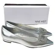 Nine West Jesike Pointy Toe Silver Flats Dressy Glam Rhinestones Slip On 8.5 NEW