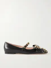 [Valentino Garavani] Valentino Garavani - Bowow Embellished Leather Mary Jane Ballet Flats - Black - IT42 IT 42 Black