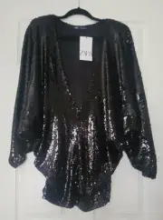 NWT $70 ZARA 2 In 1 Style Black Sequin Top/ Mini Dress Sparkly Deep V Front/Back