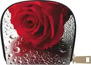 [JEJEA] Red Rose Flower Print Credit Card Holder Wallet, Small Card Holder Wallet with Zipper,Leather Card Holder, White, One Size