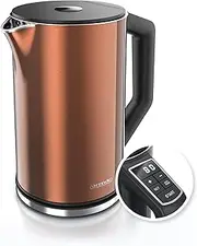 Arendo - Stainless Steel Kettle with Temperature Setting 40-100 Degrees in 5 Steps - Double Wall Design - Elegant Model - 1.5 Litre - 2200 W - Tea Maker with Temperature Display - GS - Copper