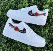 Air Force 1 Low Custom Shoes White Red Rose Floral Black Swoosh Mens Size 10.5