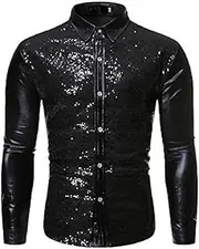 [Generic] Mens Sequins Long Sleeve Shirt Metallic 70s Shirt Shiny Button-Down Shirts for 70s Party Hip Hop