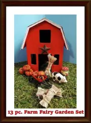 13 pc MINI FAIRY GARDEN FARM PIG, STRAW, WAGON, PUMPKINS, WOOD/TIN BARNYARD SET