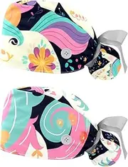 [YTYVAGT] 2-Pc,Nurse Scrub Caps,Scrub Hats with Buttons and Cotton Sweatband,Cartoon Unicorn on Purple Background