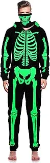 [SOMSOC] Men Halloween Skeleton Costume Glow in the Dark Adult Skeleton Onesie Pajama Halloween Skull Face Cover Jumpsuit Set
