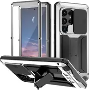Waterproof Case For Samsung Galaxy S24 Ultra/ S24 Plus/ S24 Aluminum Metal Frame Slide Camera Cover Kickstand Full Body Shockproof-Silver