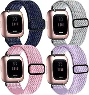 4 Pack Stretchy Bands Compatible with Fitbit Versa/Fitbit Versa Lite/Fitbit Versa 2 Bands Women Men, Adjustable Elastic Soft Loop Nylon Breathable Replacement Straps for Versa Smartwatch Wristband