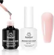 beetles Gel Polish Nude Pink Rubber Base Coat and Top Coat Set, 2Pcs 15ML Builder Color Base Gel Ultra Shine No Wipe Top Coat Rubber Gel for Nails, Long Lasting Thick Base For Nail Strengthening