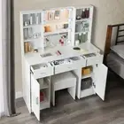 Vanity Table 3 Drawers Dressing Makeup Desk & Stool White With LED Bulbs Mirror