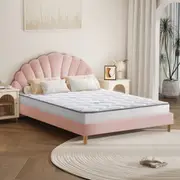 Oikiture Bed Frame with Single Double Mattress Set Scallop-Shape Bedhead Fabric