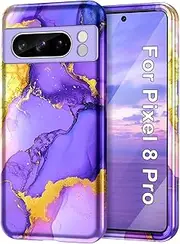 Btscase for Google Pixel 8 Pro Case 2023 [Military Grade Shockproof] Stylish Marble Pattern Slim Protective 3 Layers Hard PC+Soft Silicone Rugged Women Men Anti-Scratch Cover, Light Purple
