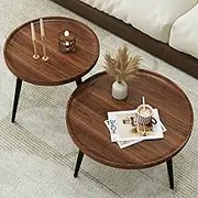 Semjar 2 Pcs Mid Century Modern Round Coffee Tables for Living Room,Easy Assembly Nesting Coffee Table,Minimalist Circle Walnut Coffee Tables for Bedroom Office Balcony Yard