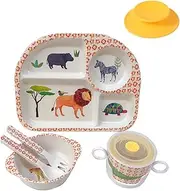 5Pcs/Set Bamboo Fiber Children Board Food Plate Bowl Cup Spoon Fork Set Dishware Cartoon Tableware Dishwasher Safe Kids Healthy Mealtime (Lion)