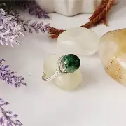 Green Natural Jade Stone Bead Ring / Silver-Plated Wire Wrapped Ring