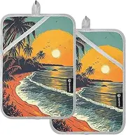 Pot Holders Kitchen Heat Resistant Orange Vintage Beach Sunset Potholders for Kitchens with Pocket Kitchen Hot Pads Sets Oven Mitts 2 Pack