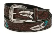 New! Ariat Men's Brown LEATHER BELT Turquoise & White Feather Tooling 8 SIZES!