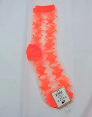Womens orange Skull crossbones SHEER Fashion CREW Socks size 9-11 Orange Trim