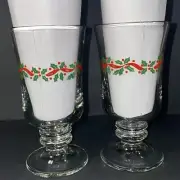 Christmas 2 Vintage Libbey Glass Coffee Mugs W/ Handles Holly and Ribbon Winter