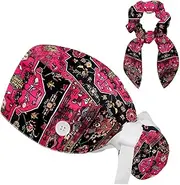 [YTYVAGT] Scrub Caps Women with Buttons,Surgical Caps with Button Adjustable Unisex,Vintage Red Rug Pattern