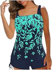 [CocMouse] Women Plus Size 2Pcs Swimwear Leaf Print Padded Crop Tank Top with Solid Color Drawstring Shorts Tankini Swimsuit