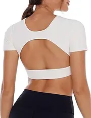 [ENERBLOOM] Open Back Workout Crop Tops for Women Backless Yoga Shirts Gym Short Sleeve Mild Support Compression Tee with Bra