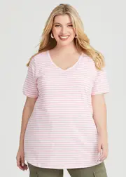[Virtuelle] Taking Shape Australian Cotton Stripe T-shirt Size 20 in White / Pink Icing - Plus Size Women's Clothing White / Pink Icing