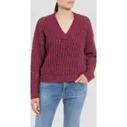 Replay Womens Cable Knitwear V-Neck Chenille Knit Jumper Brown