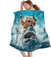 Cat Riding Shark Blanket,Cat Riding Shark Sea Soft Lightweight Blanket - Large Bed Blankets, All Season Throw for Couch Bed Travel Picnics