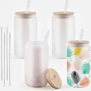 Sublimation Clear/Frosted Glass Blanks with Bamboo Lid - 16oz 4 Pack, Frosted Glass