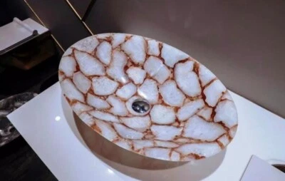 16" Shape Marble Bathroom Wash Basin with Smoky Quartz Resin Art – complete with
