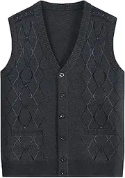[SWJGLITTR] Men's Plaid Cardigan Vest Argyle Sweater Sleeveless Cardigans V Neck Casual Knit Loose Men Vests, Black, Large