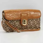 DKNY AUTHENTIC CHINO CAMEL T&C TURNLOCK SIGNATURE CLUTCH CROSSBODY BAG NWT